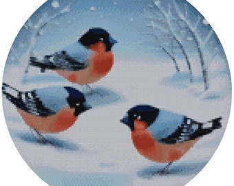 Patrón de punto de cruz de camachuelos de invierno: Pájaros en la nieve (Patrón PDF)