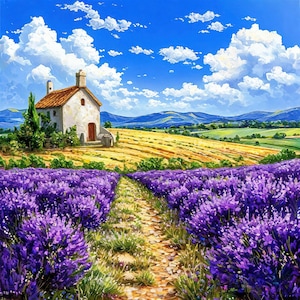 May include: A small stone cottage with a whitewashed exterior sits on a hill overlooking a field of purple lavender flowers. The sky is blue with fluffy white clouds.