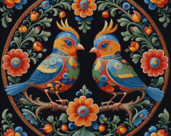 Patrón de punto de cruz de pájaros coloridos: bordado floral de fantasía (patrón PDF)