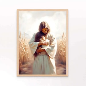 Veilig met Jezus, christelijke kunst, Jezus knuffelend meisje, Jezus en vrouw kunst, Jezus met meisje, Jezus Christus, Bijbelkunst, LDS kunst, katholieke kunst