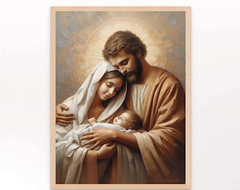 Heilige familie schilderij, christelijk-katholieke kunst, katholiek afdrukbaar, Heilige Jozef Maagd Maria en kindje Jezus, bijbelvers kunst aan de muur, Jezus afdrukken