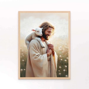 Pastor feliz, arte cristiano moderno, Jesucristo y el cordero, imagen de Jesús, arte mormón, arte bíblico, Jesús y el cordero, arte mural de Jesús, impresión de Cristo