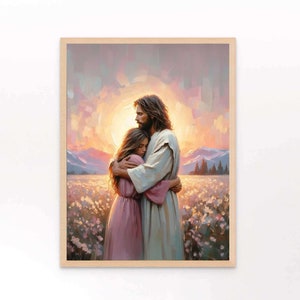 Sunset Love, Christian Painting, Jesus and Woman, Jesus Painting, LDS Art, Bible Wall Art, Christian Printable Art, Jesus Hugging Girl Art
