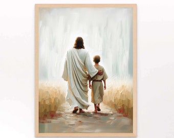 May include: A painting of a man in a white robe walking with a child in a brown robe. They are walking on a path through a field of tall grass. The background is a soft, hazy blue.