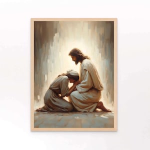 Puede incluir: Una pintura de una mujer arrodillada ante un hombre con una túnica blanca. La mujer lleva un vestido marrón y tiene la cabeza inclinada. El hombre la mira con una expresión amable.