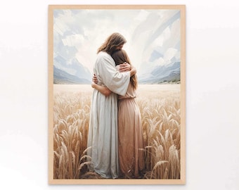 Embrace of Love, Christian Painting, Jesus and Woman, Jesus Painting, LDS Art, Bible Verse Wall Art, Christian Art, Jesus Hugging Woman Art