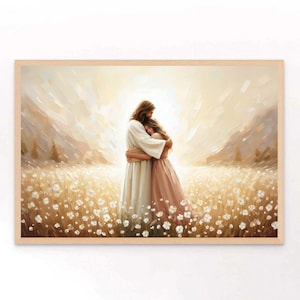He Will Save You, moderne christelijke kunst, Jezus knuffelt meisje, Jezus-aquarel, LDS-muurkunst, afdrukbare bijbel, Jezus en meisje, Jezus schilderij