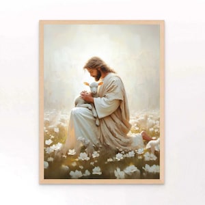 He Will Save The Lamb | Christian Art Prints | Leave the 99 Art | Christian Poster | Jesus Saves Lamb | Bible Art | Christian Picture