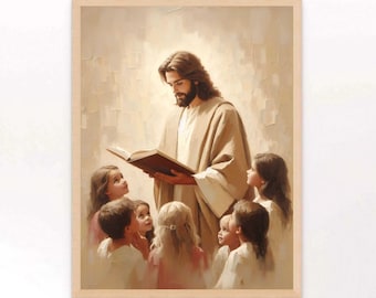 Jesus Reading to Children, Christian Painting, Jesus with Kids, Jesus Art Print, LDS Art, Bible Wall Art, Jesus with Children, Christian Art