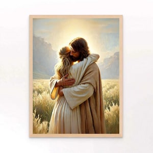 Hij houdt van je | Christelijke kunstafdrukken | Jezus knuffelt vrouw | Jezus Christus-afdrukken | Jezus met meisje | Katholieke muurkunst | Christelijke foto