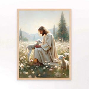 Sacred Moments | Christian Watercolor | Jesus and the Lamb | Christian Poster | Jesus Shepherd Art | Catholic Wall Art | Christian Picture