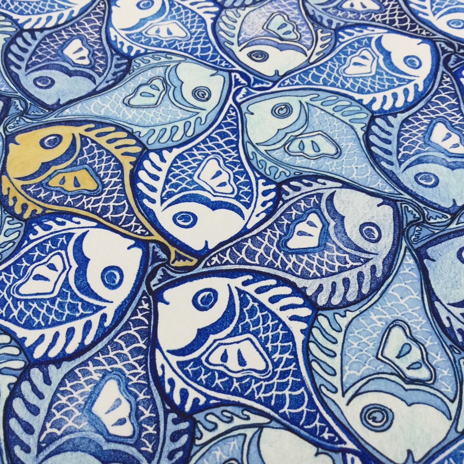 Art Print Fish tessellation blue tones with unique yellow fish | Etsy