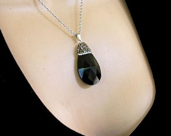 DARK MATTER - Black Faceted Glass Crystal Teardrop Necklace, Micro Pave Crystal Top, XL Large, Pendant, Choker, Gift for Her, Shiny