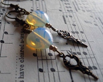 GRANUAILE - Sea Opal Glass Heart Earrings, Filigree Drops, Opalite, Antiqued Brass