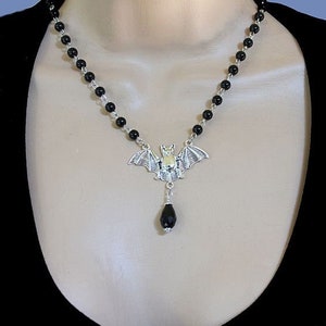 ELVIRA - Silver Bat Necklace, Black Glass bead Rosary Chain, Black Faceted Teardrop, Black Beaded Chain, Choker, Halloween Jewelry, Goth