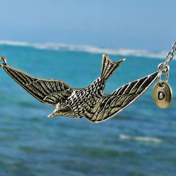 SOAR - Large Flying Bird Necklace, Choker, Personalized Initial, Silver, Soaring Bird, Swallow, Sparrow, Statement, Nature Jewelry, Wings
