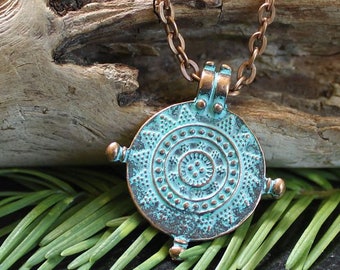 TRUE NORTH - Small Compass Rose Choker or Necklace, Copper, Verdigris Patina, Black Leather, Mariner, Reversible, Swirl, Mens, Unisex,Gift