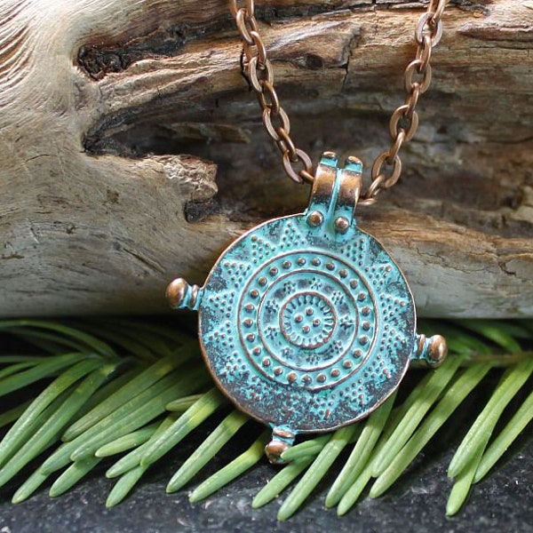 TRUE NORTH - Small Compass Rose Choker or Necklace, Copper, Verdigris Patina, Black Leather, Mariner, Reversible, Swirl, Mens, Unisex,Gift