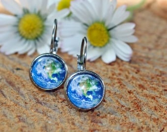 EARTH DAY Earrings - Stainless Steel Lever Back, Planet Earth glass Dome, Earth with Clouds and Water, Colorful