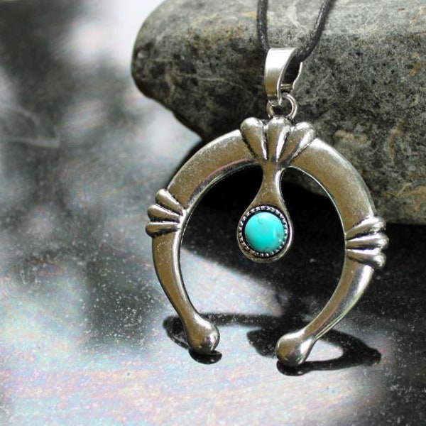 SANTA FE - Double Horn Crescent Moon Necklace, Southwestern, Squash Blossom, Extra Large, Turquoise Howlite Cabochon, Silver, Mens, Unisex