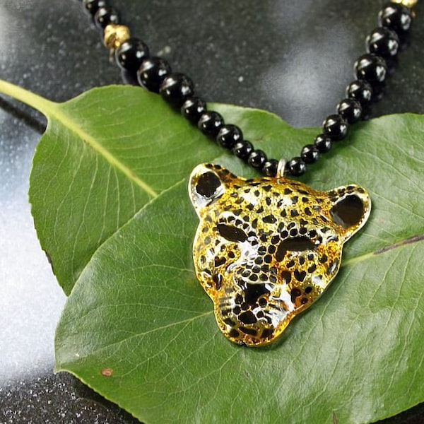 WILD CAT - Enameled Jaguar Head Gemstone Necklace, Black Onyx Beads, Bali Style Golden Beads, Statement, Large, Shiny
