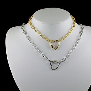 PRECIOUS HEART - Carabiner Paperclip Chain Necklace or Choker, Gold or Silver, Screw Heart Lock, Choose Length, Gift for Her, Oval Links