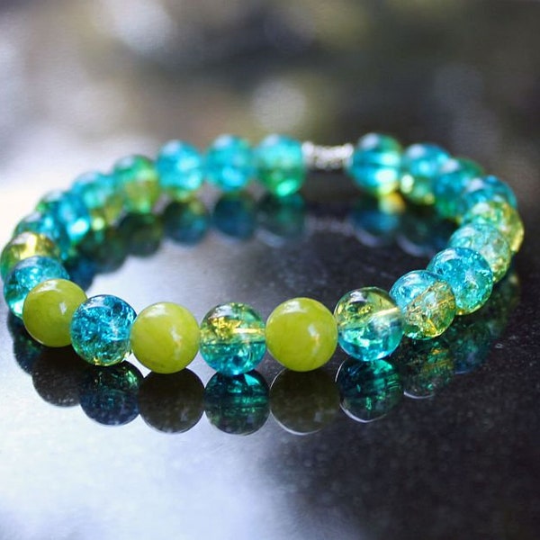 FIJI - Crackle Glass and Gemstone Beaded Bracelet, Cyan Blue, Lime Green, Colorful, Stretchy Cord, Beachy, Summer, Spring