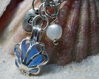 CALM SEAS -Authentic Blue Seaglass Shell Locket Necklace, Seaglass Locket,Personalized Initial, Shell Flower, Cornflower Blue, Natural Pearl