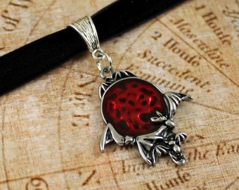 MIDNIGHT FEAST - Vampire Bat Black Velvet Ribbon Choker, Blood Red Resin, Pendant Necklace, Silver, Bat Jewelry, Goth, Flying Animal, Gift