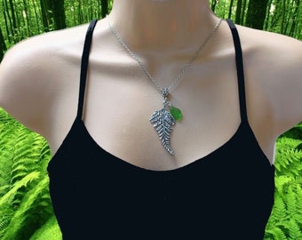 FOREST FERN - Real Seaglass with Fern Necklace, Large Pendant Necklace, Woodland Fern, Wire Wrapped Green, Antiqued Silver, Earthy, Natural