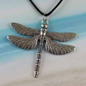 INTRIGUE - Large Dragonfly Necklace, Antiqued Silver, Summer Jewelry, Flying Bug, Nature Jewelry, Black Cord, Insect, XL Wings, Personalized