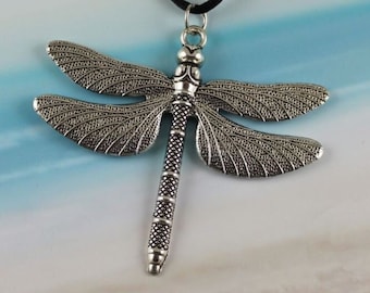 INTRIGUE - Large Dragonfly Necklace, Antiqued Silver, Summer Jewelry, Flying Bug, Nature Jewelry, Black Cord, Insect, XL Wings, Personalized