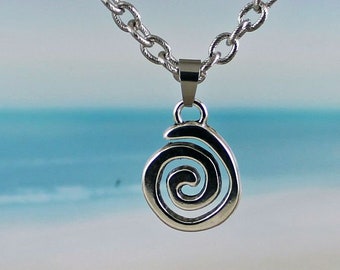 VORTEX - Spiral Pendant Necklace on Thick Textured Chain, Shiny Silver Wave, Stainless Steel Bail, Mens Jewelry, Unisex, Celtic, Viking