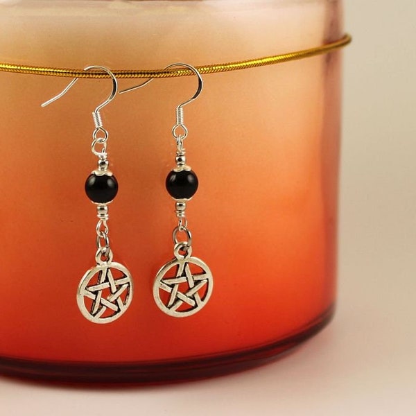 WITCHY WOMAN - Pentagram Earrings, Black Onyx Gemstone, Sterling Silver Earwires