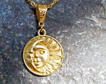 SOL - Celestial Sun Moon Necklace, Gold or Silver, Crescent Moon, Solar Rays, Moon Face, Sun Face, Mens Jewelry, Unisex, Astronomy, Space