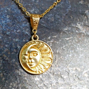 SOL - Celestial Sun Moon Necklace, Gold or Silver, Crescent Moon, Solar Rays, Moon Face, Sun Face, Mens Jewelry, Unisex, Astronomy, Space
