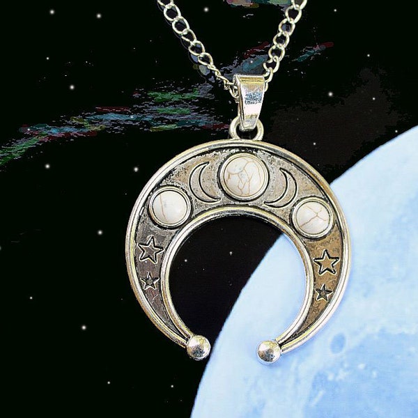 LUNA - Crescent Moon Necklace, Extra Large, Stars, Moons, Howlite Gemstone Cabochons, Silver, Mens Jewelry, Unisex, Celestial, Statement