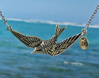 SOAR - Large Flying Bird Necklace, Choker, Personalized Initial, Silver, Soaring Bird, Swallow, Sparrow, Statement, Nature Jewelry, Wings