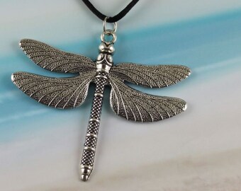 INTRIGUE - Large Dragonfly Necklace, Antiqued Silver, Summer Jewelry, Flying Bug, Nature Jewelry, Black Cord, Insect, XL Wings, Personalized