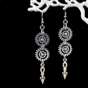 GET in GEAR - Long Steampunk Gear Earrings, Watch Hands and Cogs, Silver Metal Gear, Stainless Steel Earwires