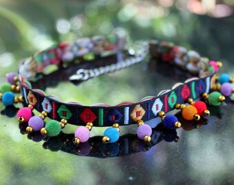 BOMBAY CALLING - Embroidered Fabric Choker Necklace, Colorful, Geometric, Beads, Fuzzy Balls, Bright Multi Color, Extension Chain with Heart