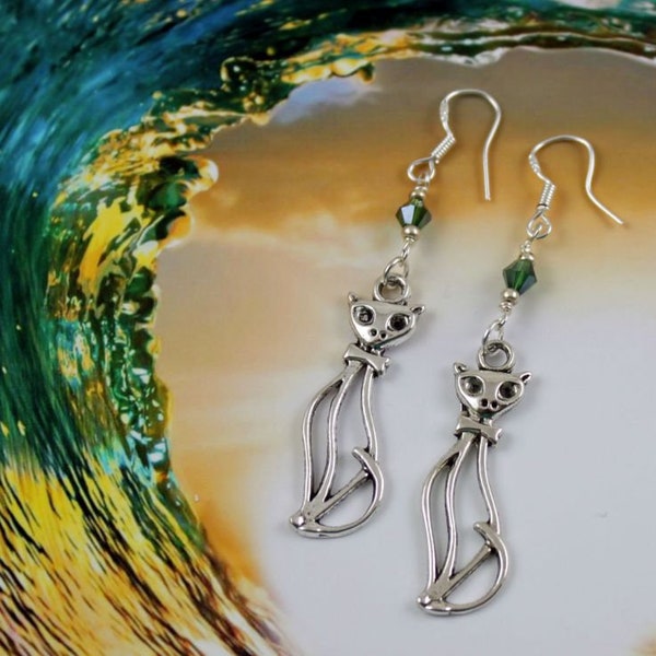 SASSY - Cat Earrings, Green Crystals, Sterling Silver Ear Wires, Retro Look, Animal Jewelry, Cat Lady, Long Earrings, Cat with Bow Tie