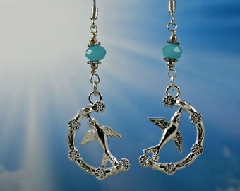 FLY - Sparrow Earrings, Sterling Silver Ear Wires, Spinning Bird, Rotate, Crescent Moon Shape Branch with Flowers, Floral, Sky Blue Beads