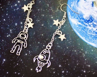 ROCKET MAN - Astronaut and Rocket Earrings, Chain Dangle, Silver Stars, Celestial, Outer Space, Spaceship, Astronomy, Science, Mismatched