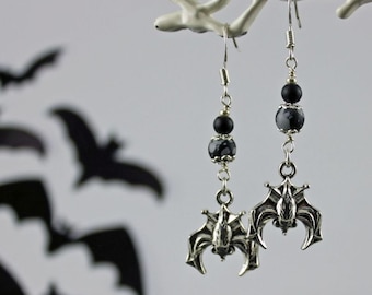 HANGIN OUT - Bat Earrings, Sterling Silver Ear Wires, Upside Down, Snowflake Obsidian Gemstone, Hanging Vampire Bat, Goth, Halloween, Black