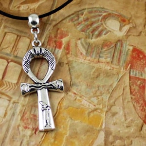 ANKH - Black Leather Ankh Necklace, Egyptian, Silver, Cross, Peace, Hieroglyphics, Amulet, Symbol of Life, Key of Life, Mens Jewelry, Unisex