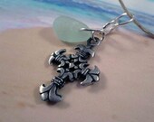 SAFE VOYAGE - Fleur-de-lis Cross and Real Sea Glass Necklace, Seaglass Pendant, Genuine Seaglass Necklace, Beach Jewelry, Christian, Silver