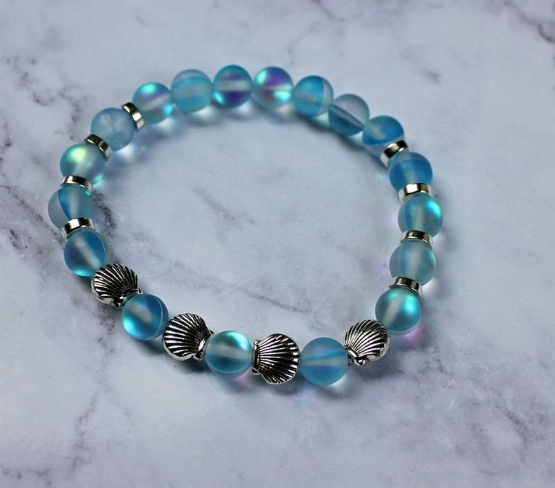 SEA BLUE Mermaid Glass Bracelet, Mystic Aura, Iridescent Shine, Silver Seashells, Stretchy Cord, Holographic Beads, Moonstone Glow image 4