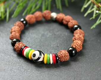 POSITIVE FORCE Bracelet- Rudraksha Beads, Black Onyx Gemstone Beads, Dzi Bead, Colorful Heishi Discs, Evil Eye, Protection, Stretchy Cord