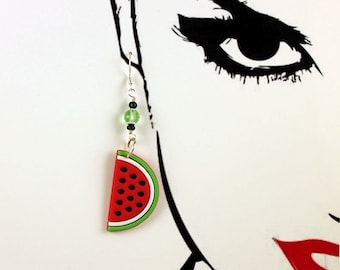 SUMMER SLICE - Watermelon Earrings, Sterling Silver Earwires, Wire Wrapped Beads, Fruit Jewelry, Cute Fun Earrings, Lightweight